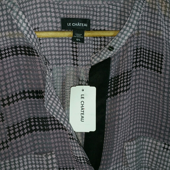 le chateau semi-sheer checked pink / black long sleeve button placket blouse - Picture 3 of 6